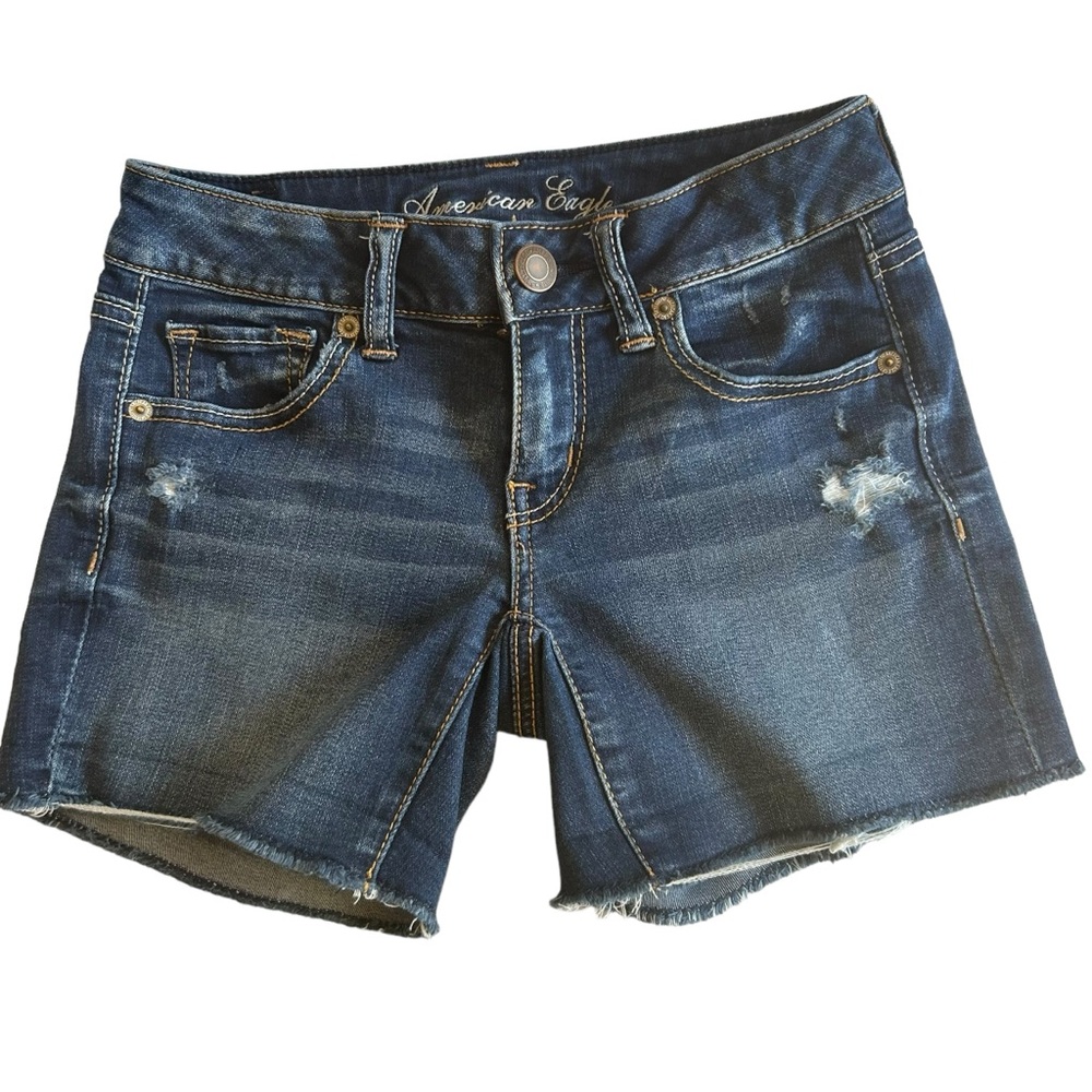 American eagle denim shorts blue Size 0 light distressing super stretch raw edge